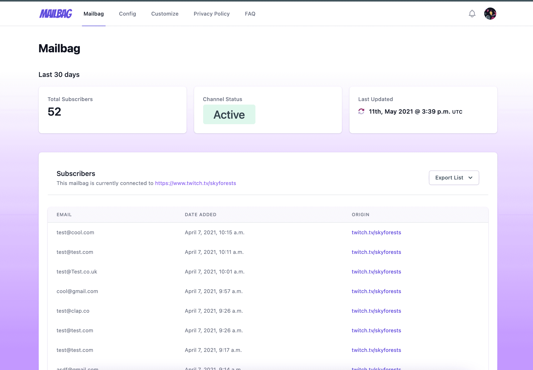 mymailbag user dashboard